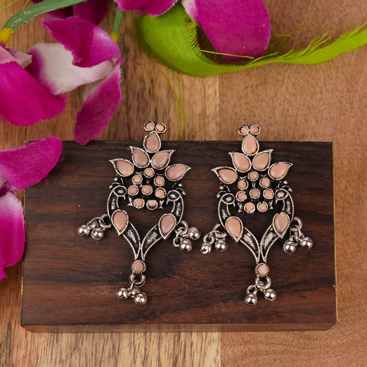 Light Orangish Stone Studded Oxidised Dangler Earrings