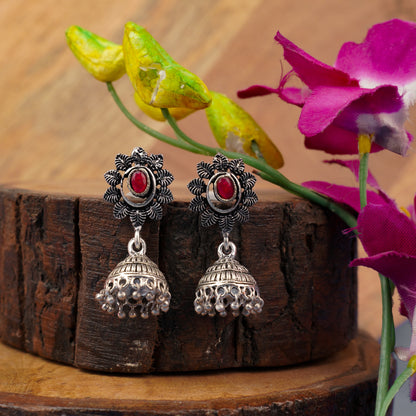 Red Stone Studded Oxidised Dangler Earrings