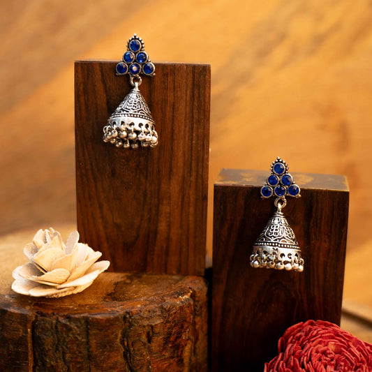 Blue Stone Studded Conical Oxidised Earrings With Hanging Jhumki