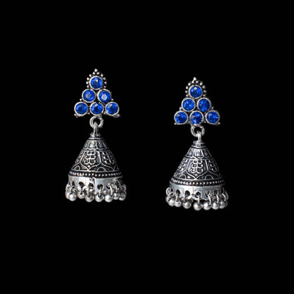 Blue Stone Studded Conical Oxidised Earrings With Hanging Jhumki