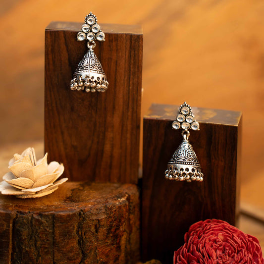 White Stone Studded Conical Oxidised Earrings With Hanging Jhumki