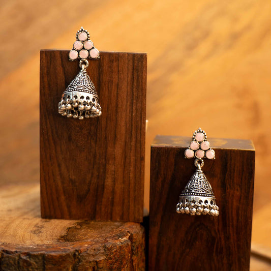 Baby Pink Stone Studded Conical Oxidized Earrings With Hanging Jhumki