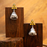Yellow Stone Studded Conical Oxidized Earrings With Hanging Jhumki