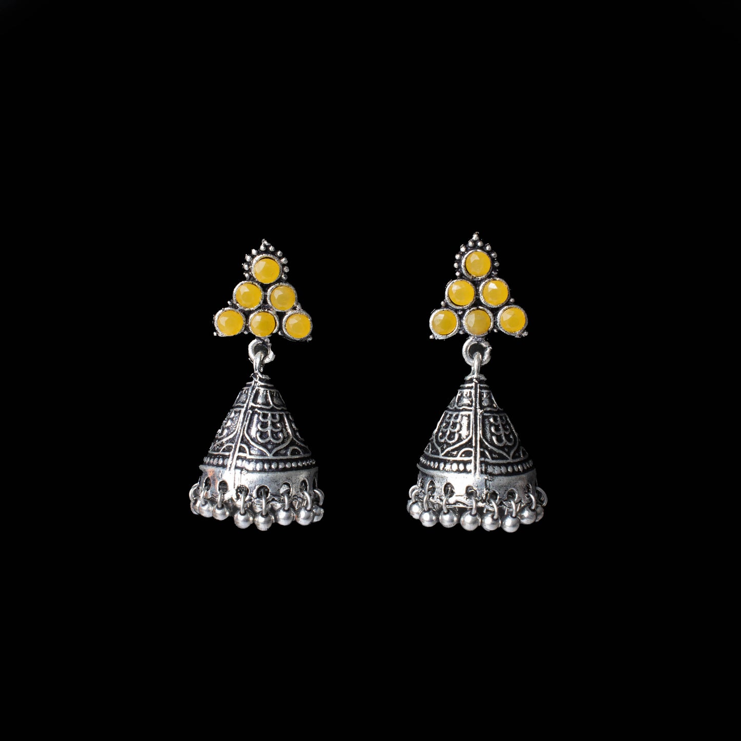 Yellow Stone Studded Conical Oxidized Earrings With Hanging Jhumki