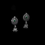 Green Stone Studded Oxidised Earrings With Hanging Jhumki