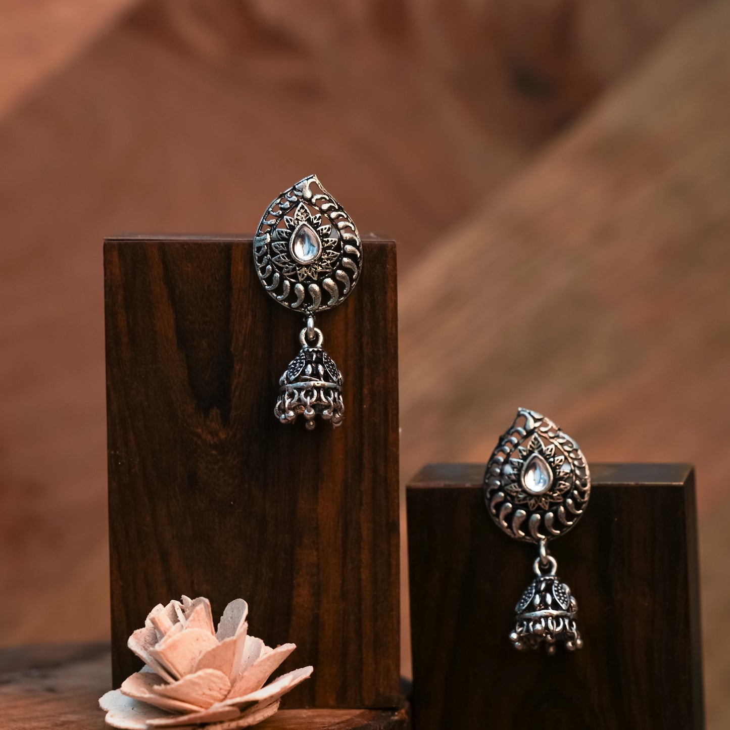 White Stone Studded Oxidised Earrings With Hanging Jhumki