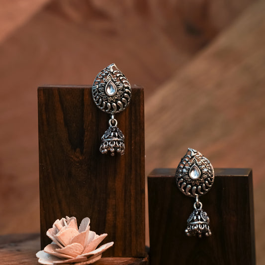 White Stone Studded Oxidised Earrings With Hanging Jhumki