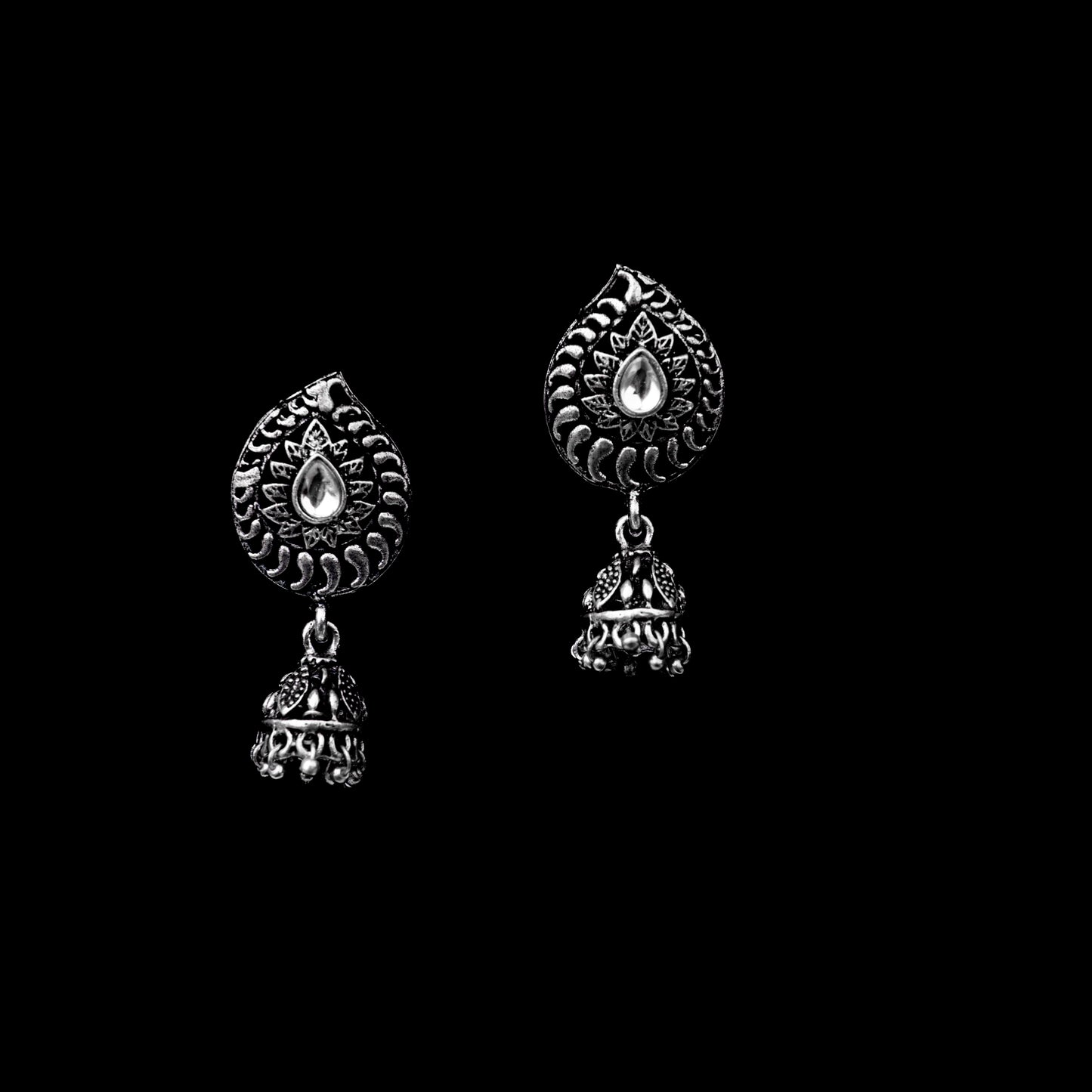 White Stone Studded Oxidised Earrings With Hanging Jhumki