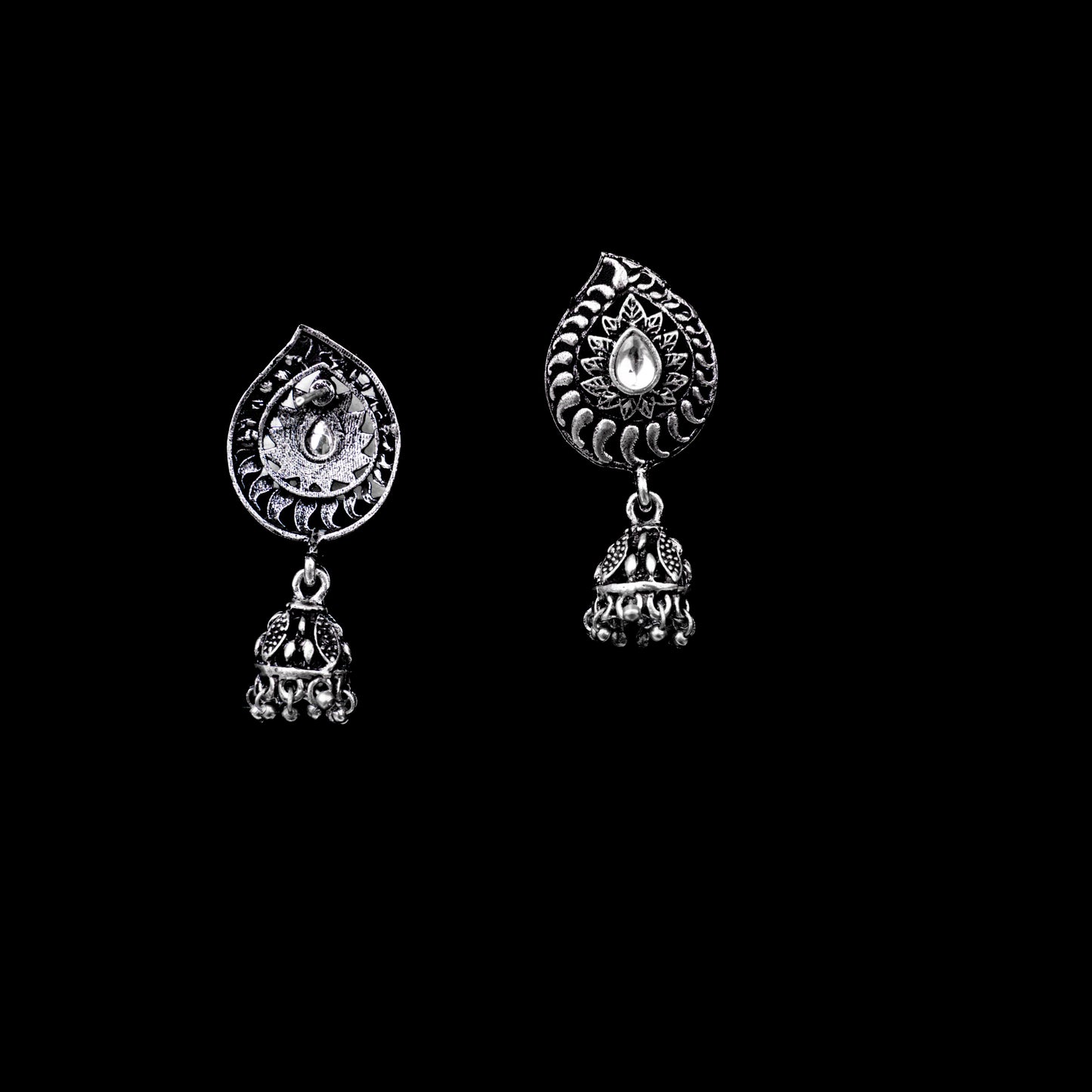 White Stone Studded Oxidised Earrings With Hanging Jhumki