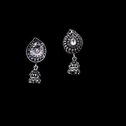 White Stone Studded Oxidised Earrings With Hanging Jhumki