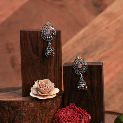 Yellow Stone Studded Oxidized Earrings With Hanging Jhumki