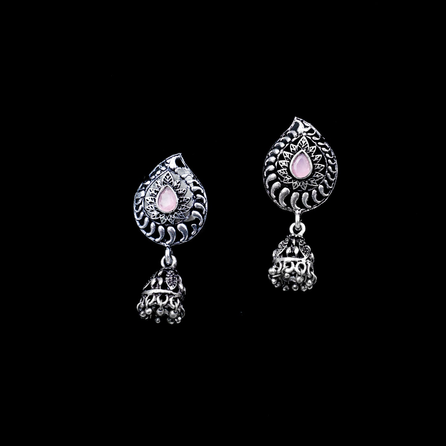 Baby Pink Stone Studded Oxidized Earrings With Hanging Jhumki