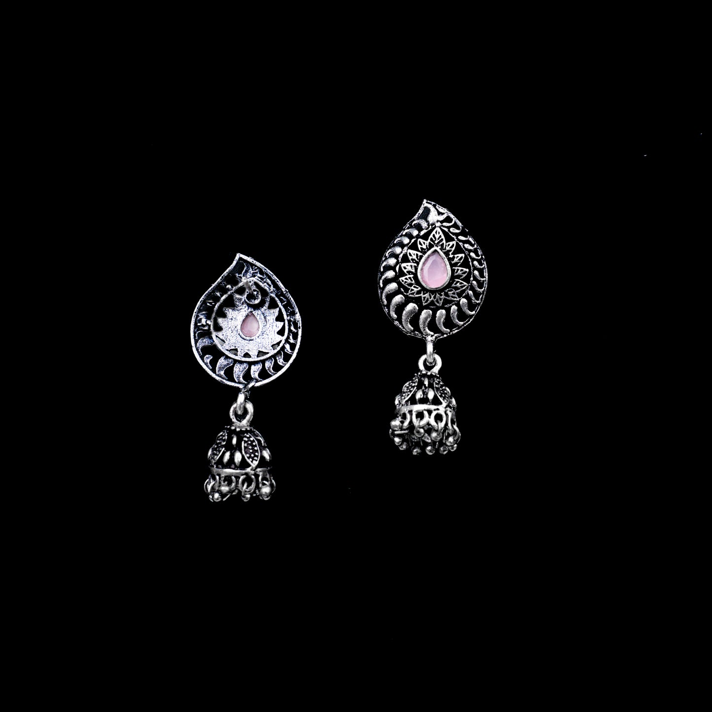 Baby Pink Stone Studded Oxidized Earrings With Hanging Jhumki