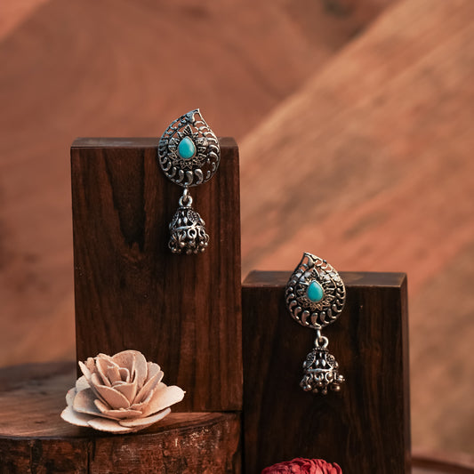 Sky Blue Stone Studded Oxidized Earrings With Hanging Jhumki