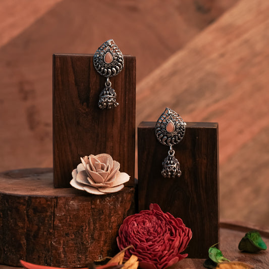 Light Orange Stone Studded Oxidized Earrings With Hanging Jhumki