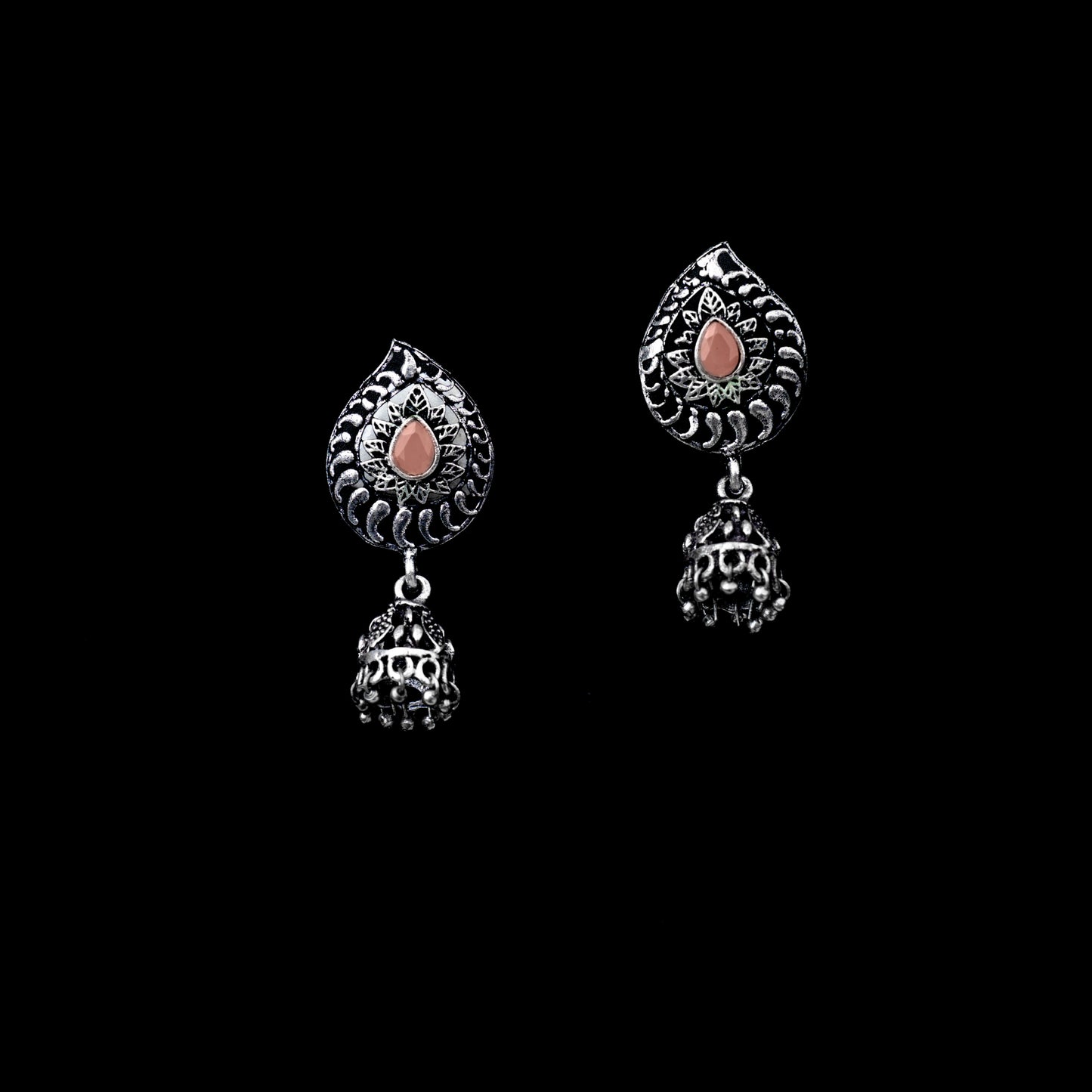 Light Orange Stone Studded Oxidized Earrings With Hanging Jhumki