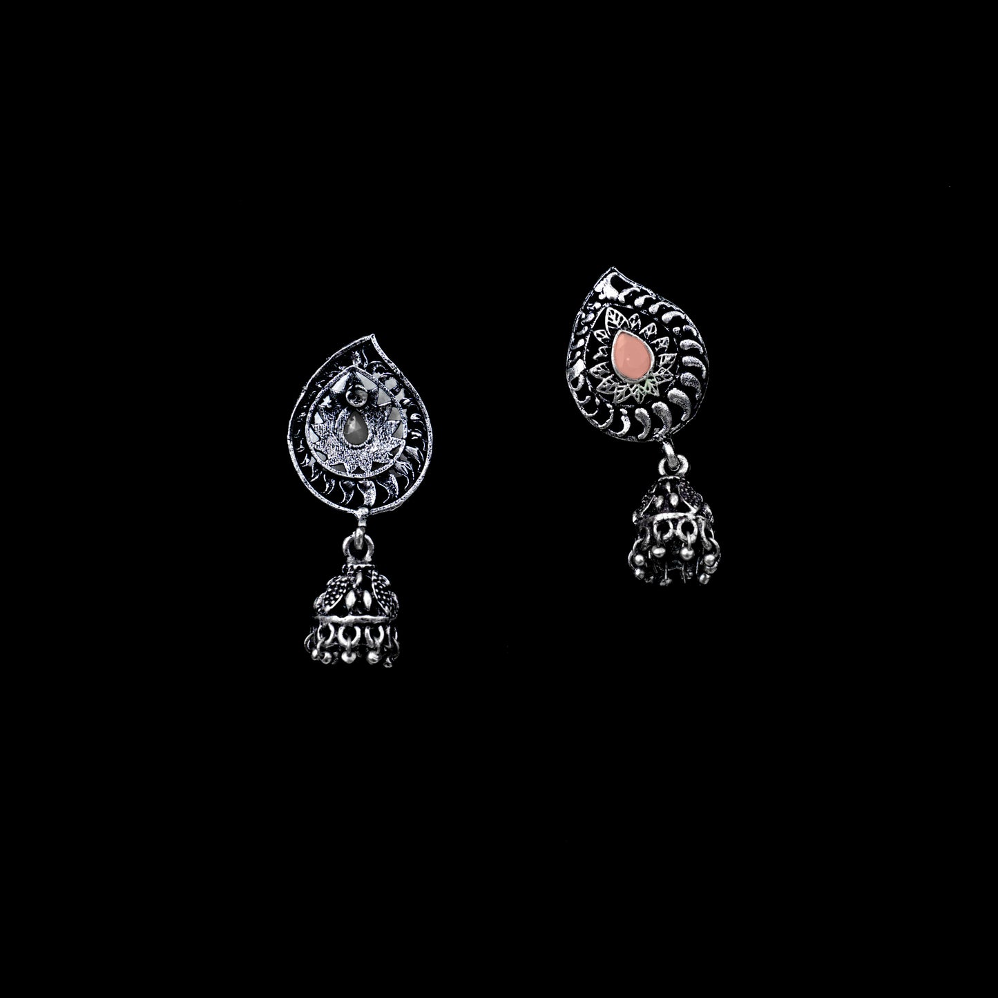 Light Orange Stone Studded Oxidized Earrings With Hanging Jhumki