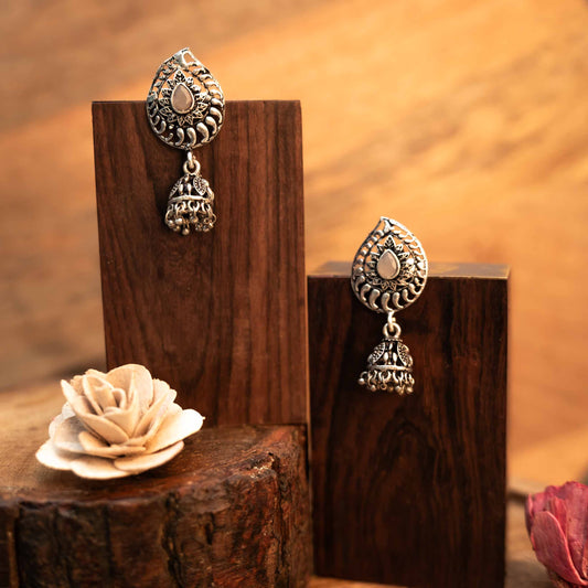 Grey Stone Studded Oxidized Earrings With Hanging Jhumki