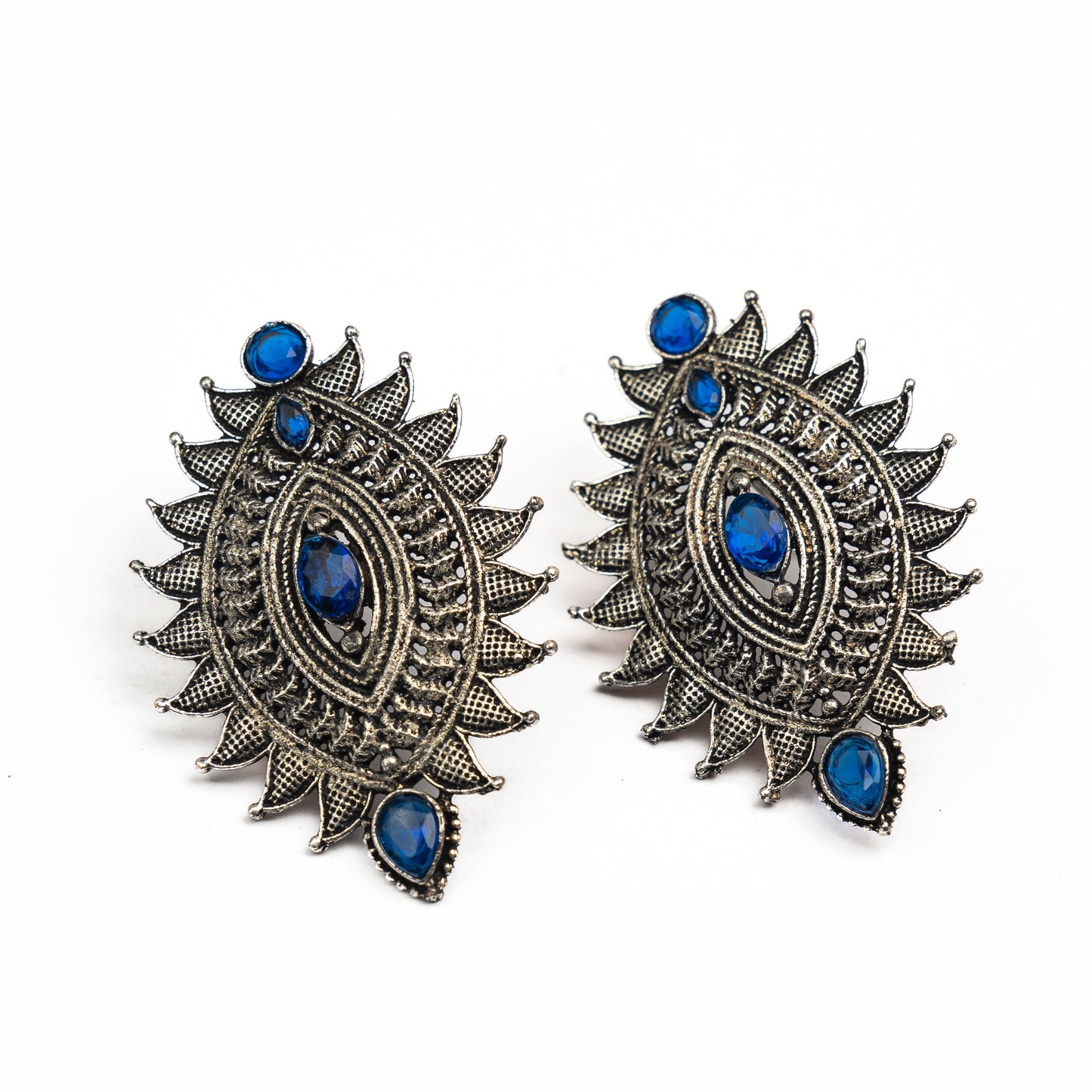 Blue Stone Studded Oval Shaped Oxidised Earrings