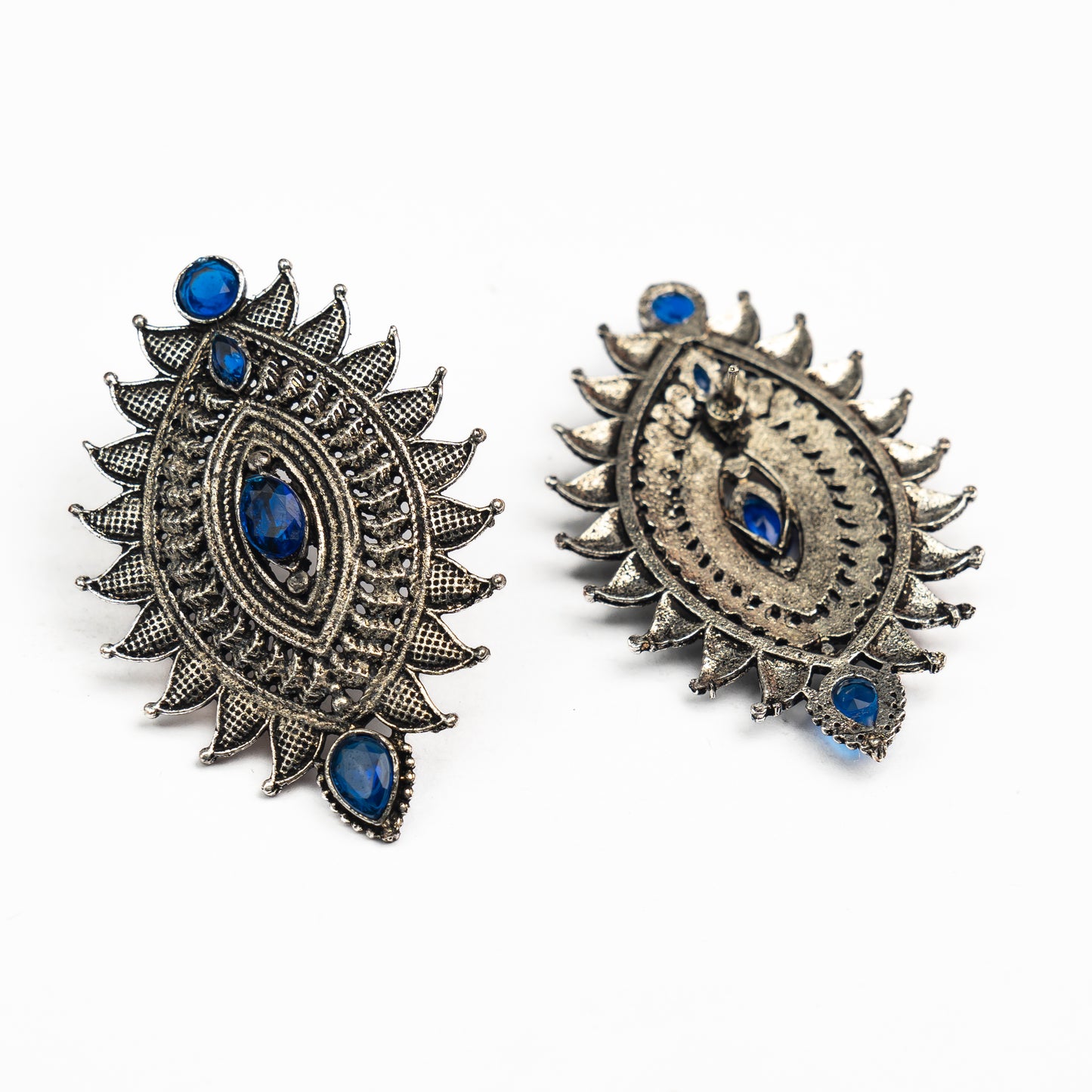 Blue Stone Studded Oval Shaped Oxidised Earrings