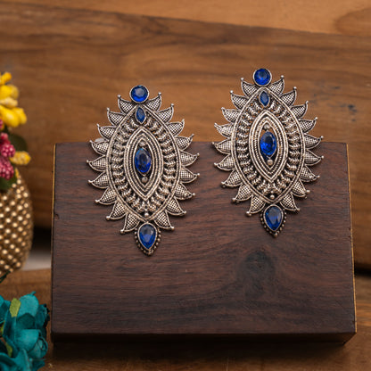 Blue Stone Studded Oval Shaped Oxidised Earrings