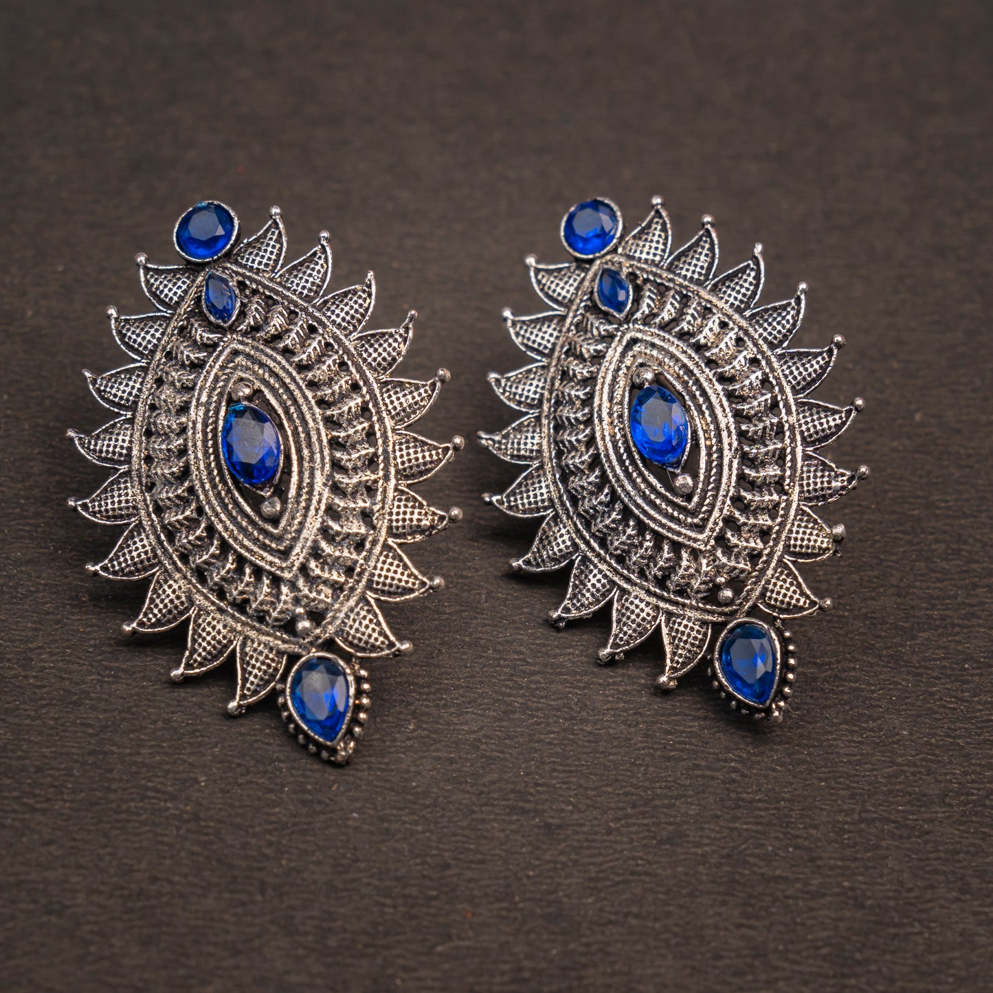 Blue Stone Studded Oval Shaped Oxidised Earrings