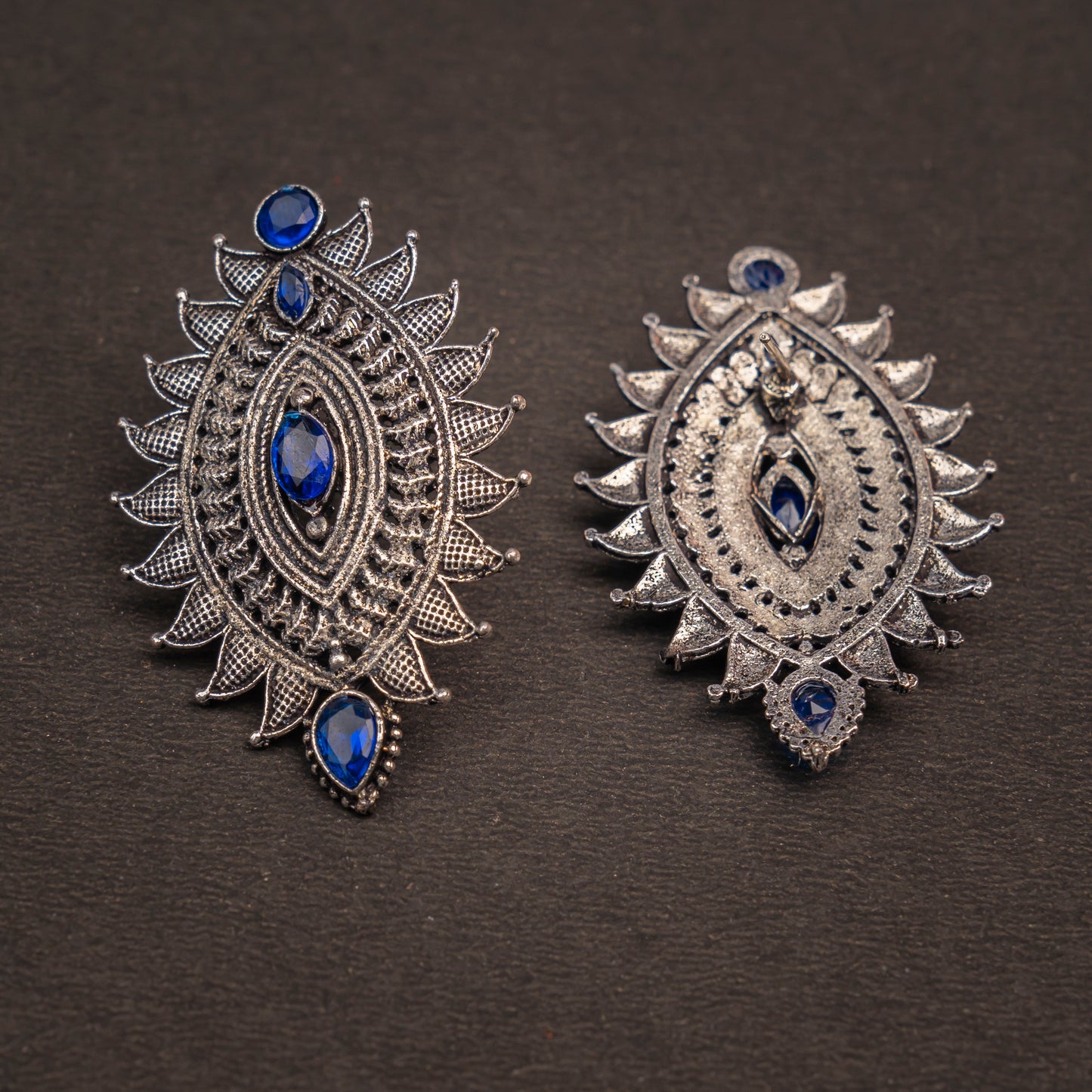 Blue Stone Studded Oval Shaped Oxidised Earrings