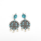 Sky Blue Stone Studded Laxmi Motif Oxidised Earrings With Hanging Pearls