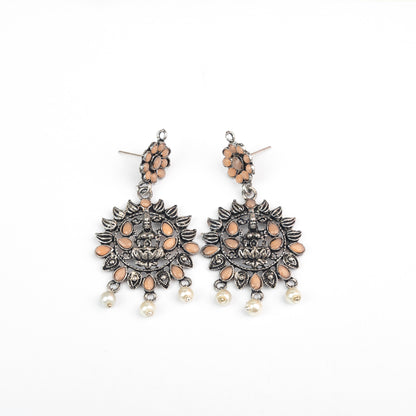 Light Orangish Stone Studded Laxmi Motif Oxidised Earrings With Hanging Pearls