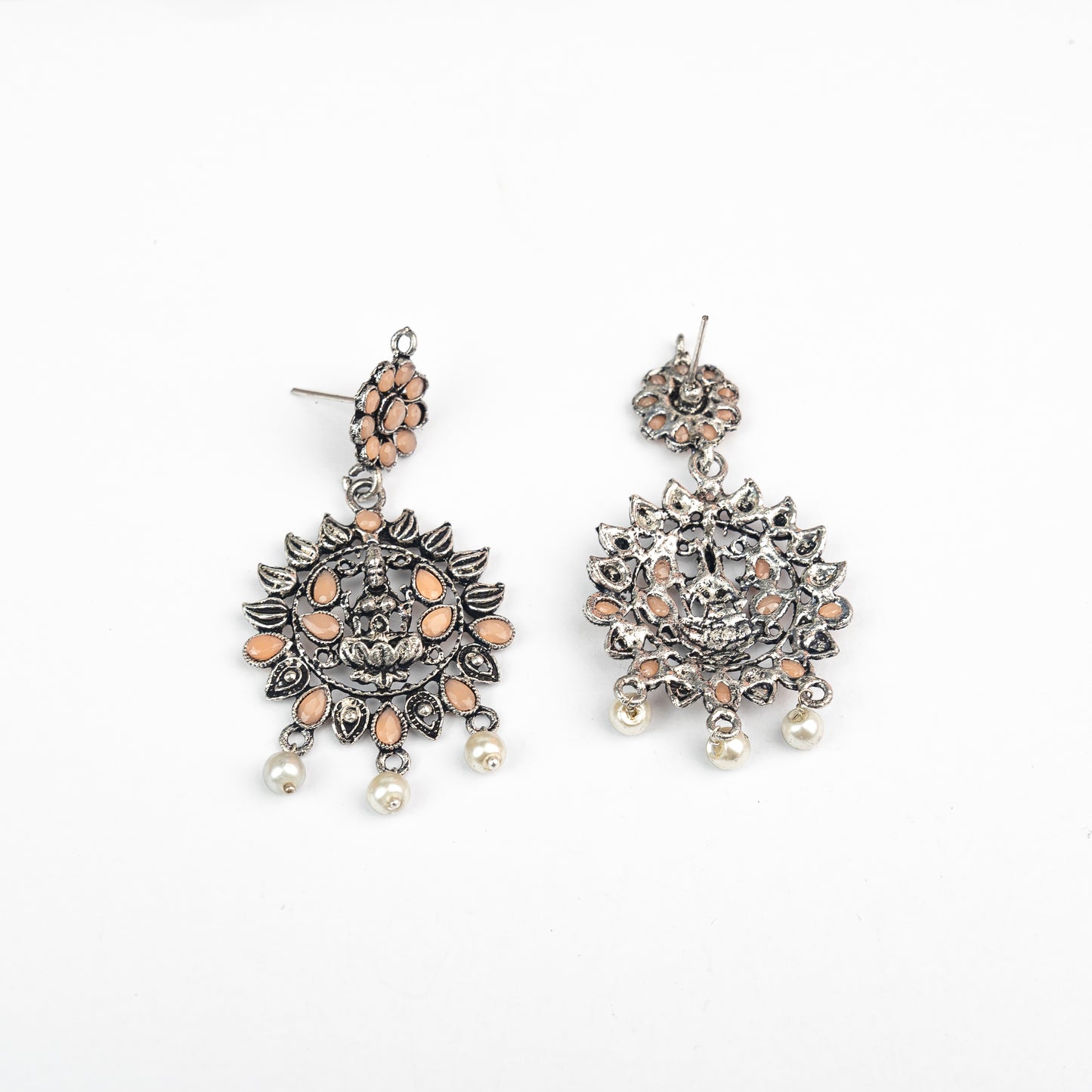 Light Orangish Stone Studded Laxmi Motif Oxidised Earrings With Hanging Pearls