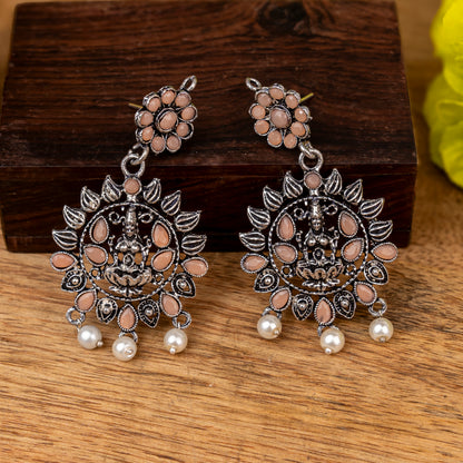 Light Orangish Stone Studded Laxmi Motif Oxidised Earrings With Hanging Pearls