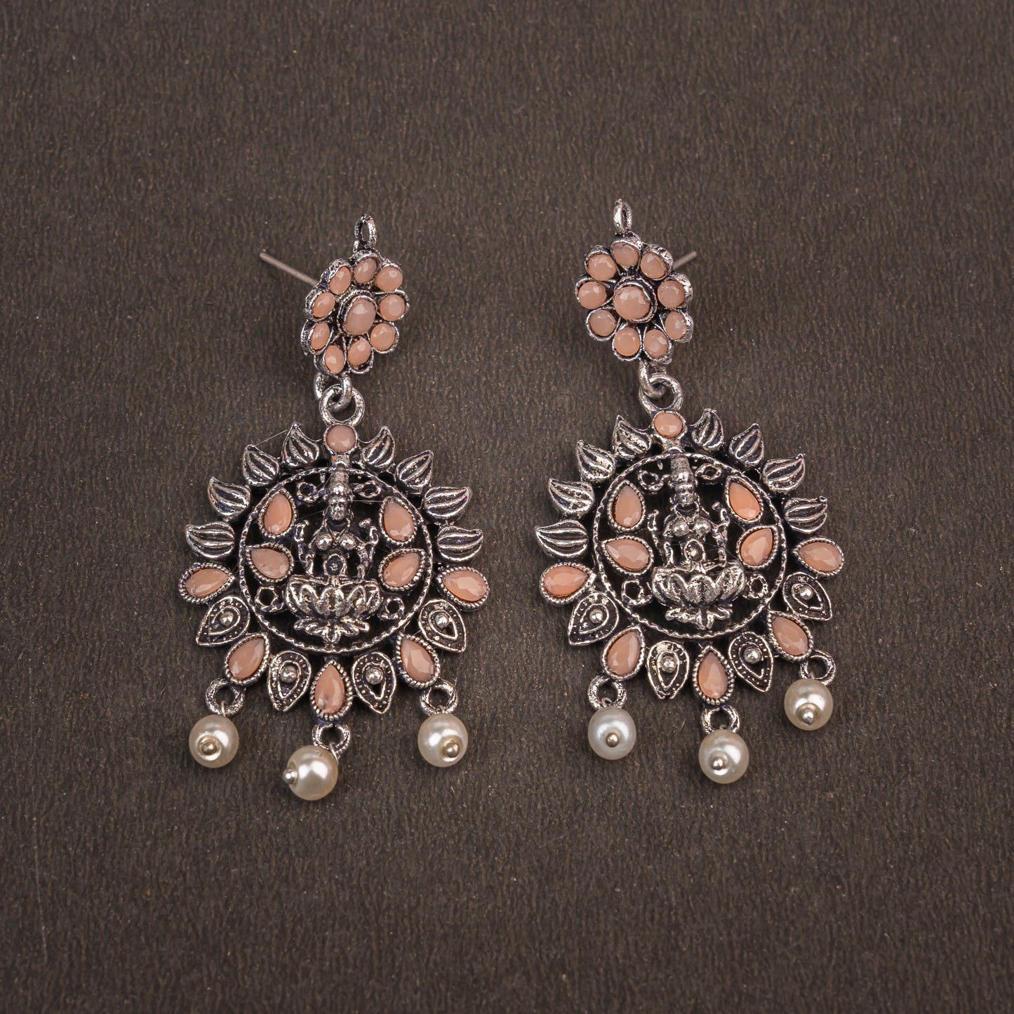 Light Orangish Stone Studded Laxmi Motif Oxidised Earrings With Hanging Pearls