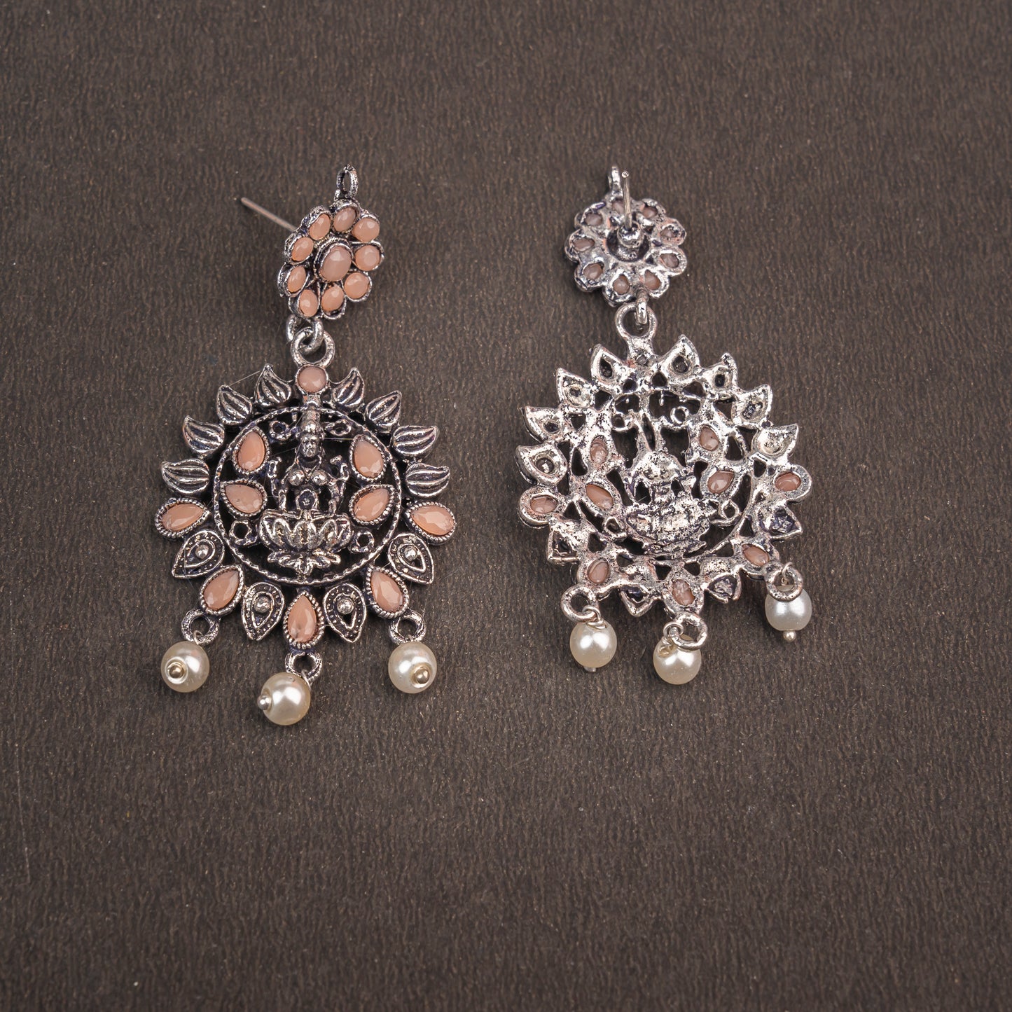 Light Orangish Stone Studded Laxmi Motif Oxidised Earrings With Hanging Pearls