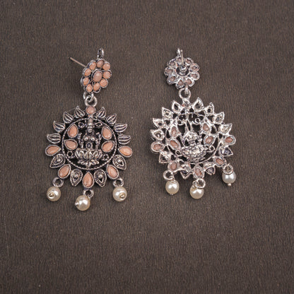 Light Orangish Stone Studded Laxmi Motif Oxidised Earrings With Hanging Pearls