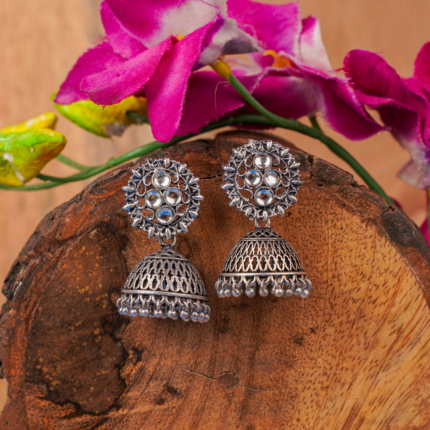 White Stone Studded Oxidised Earrings With Hanging Jhumki