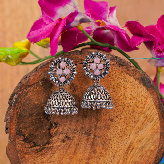 Baby Pink Stone Studded Oxidised Earrings With Hanging Jhumki