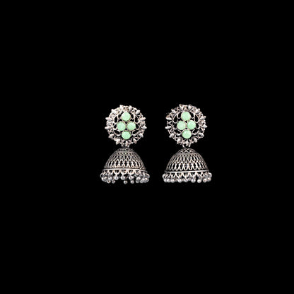 Pista Stone Studded Oxidised Earrings With Hanging Jhumki