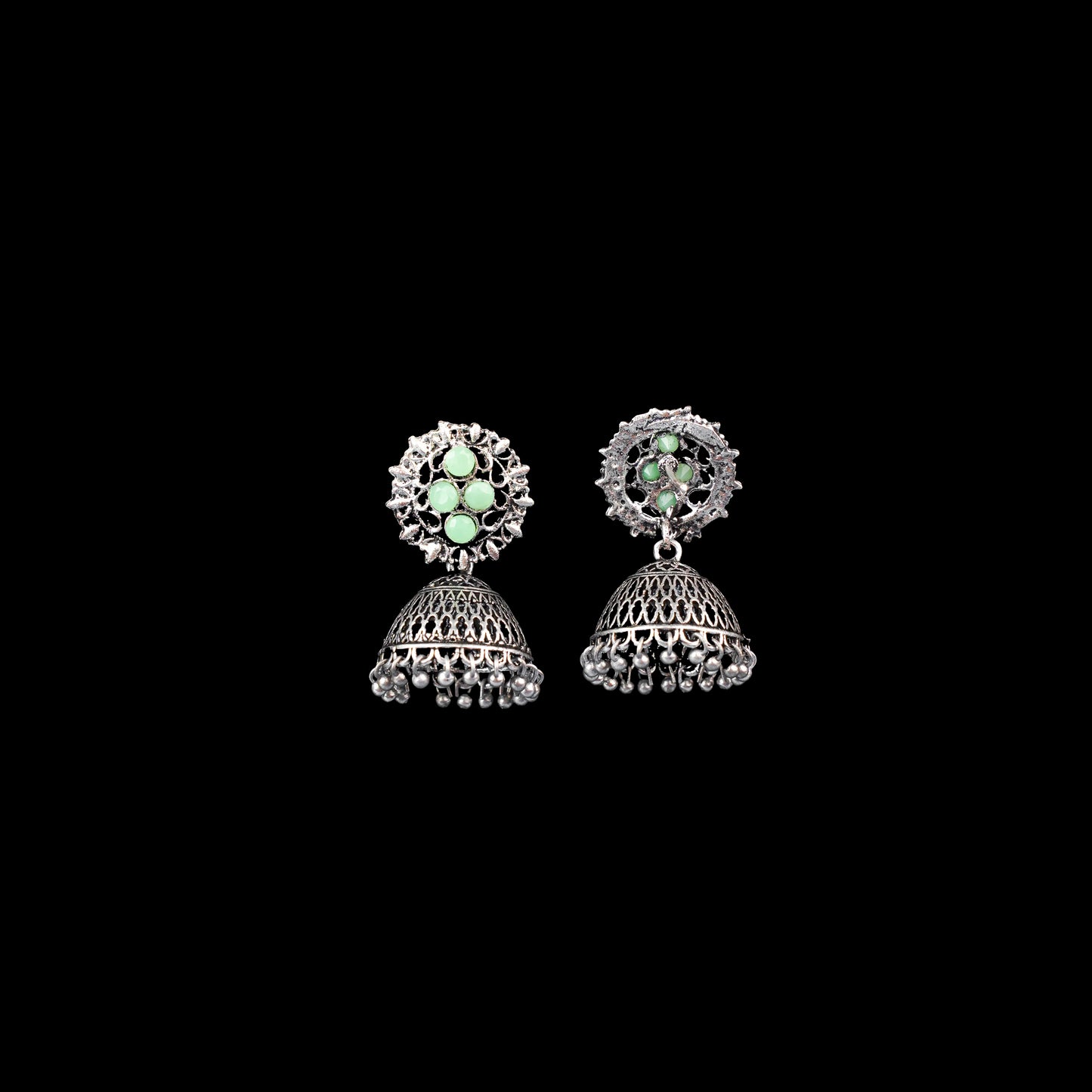 Pista Stone Studded Oxidised Earrings With Hanging Jhumki