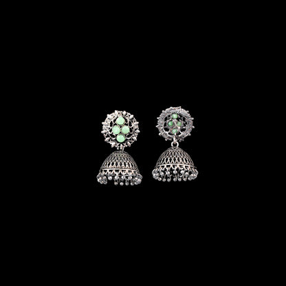 Pista Stone Studded Oxidised Earrings With Hanging Jhumki