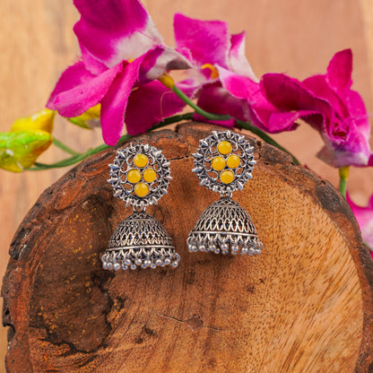 Yellow Stone Studded Oxidised Earrings With Hanging Jhumki