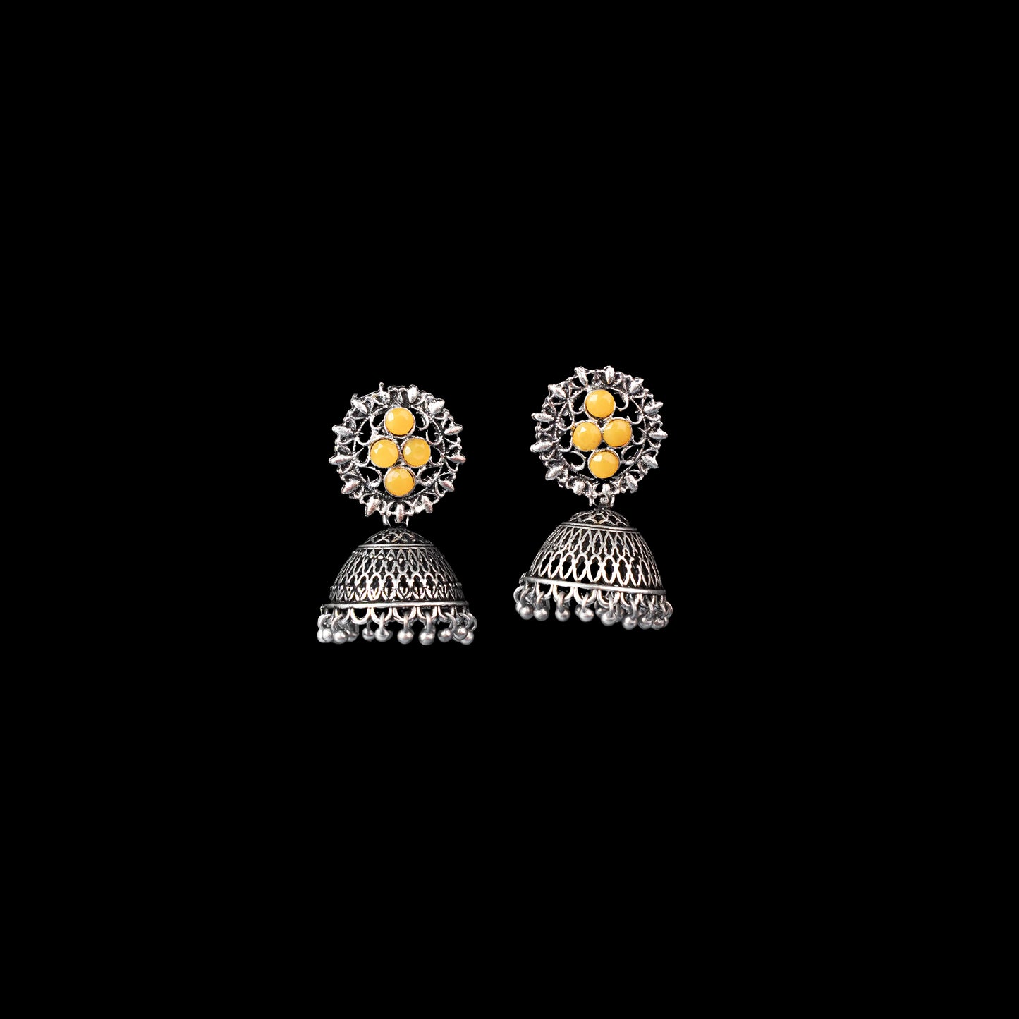 Yellow Stone Studded Oxidised Earrings With Hanging Jhumki