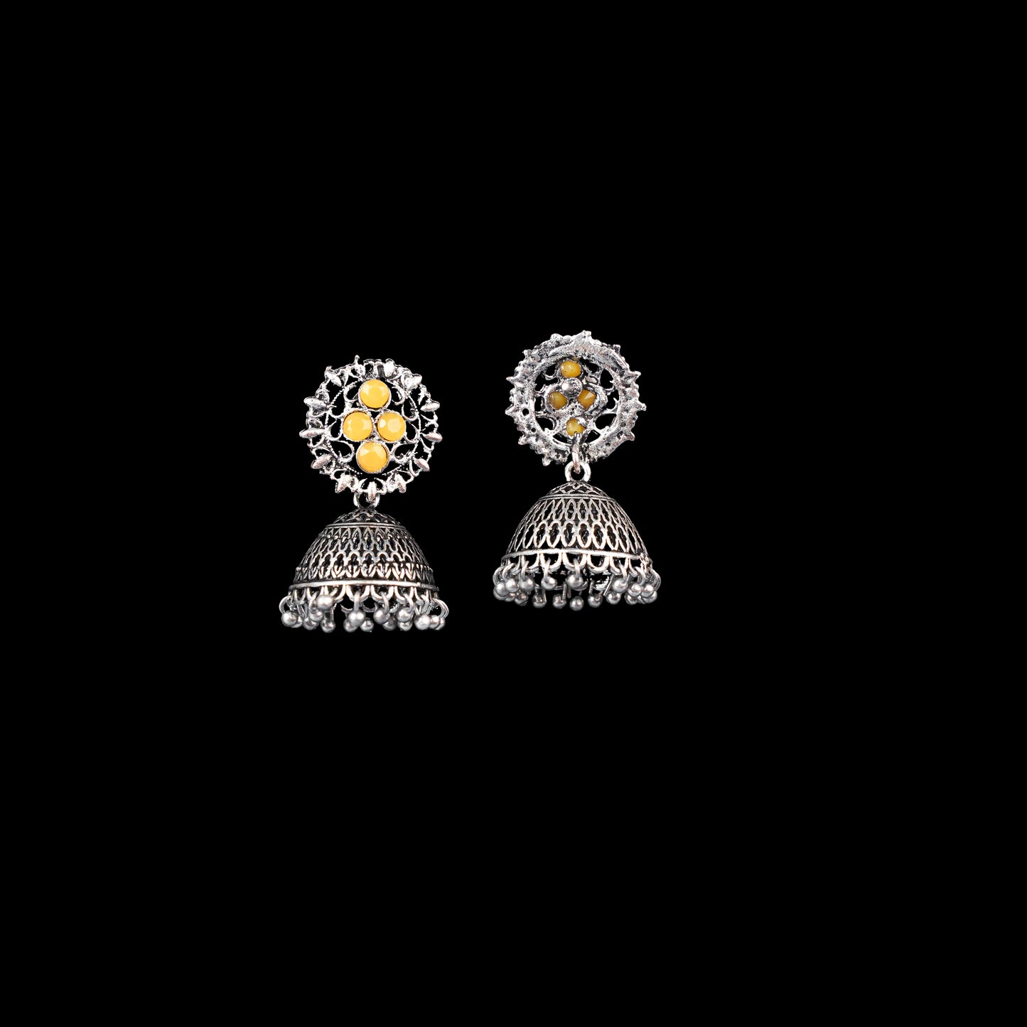 Yellow Stone Studded Oxidised Earrings With Hanging Jhumki