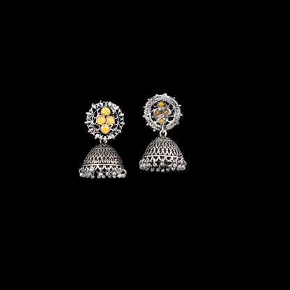 Yellow Stone Studded Oxidised Earrings With Hanging Jhumki