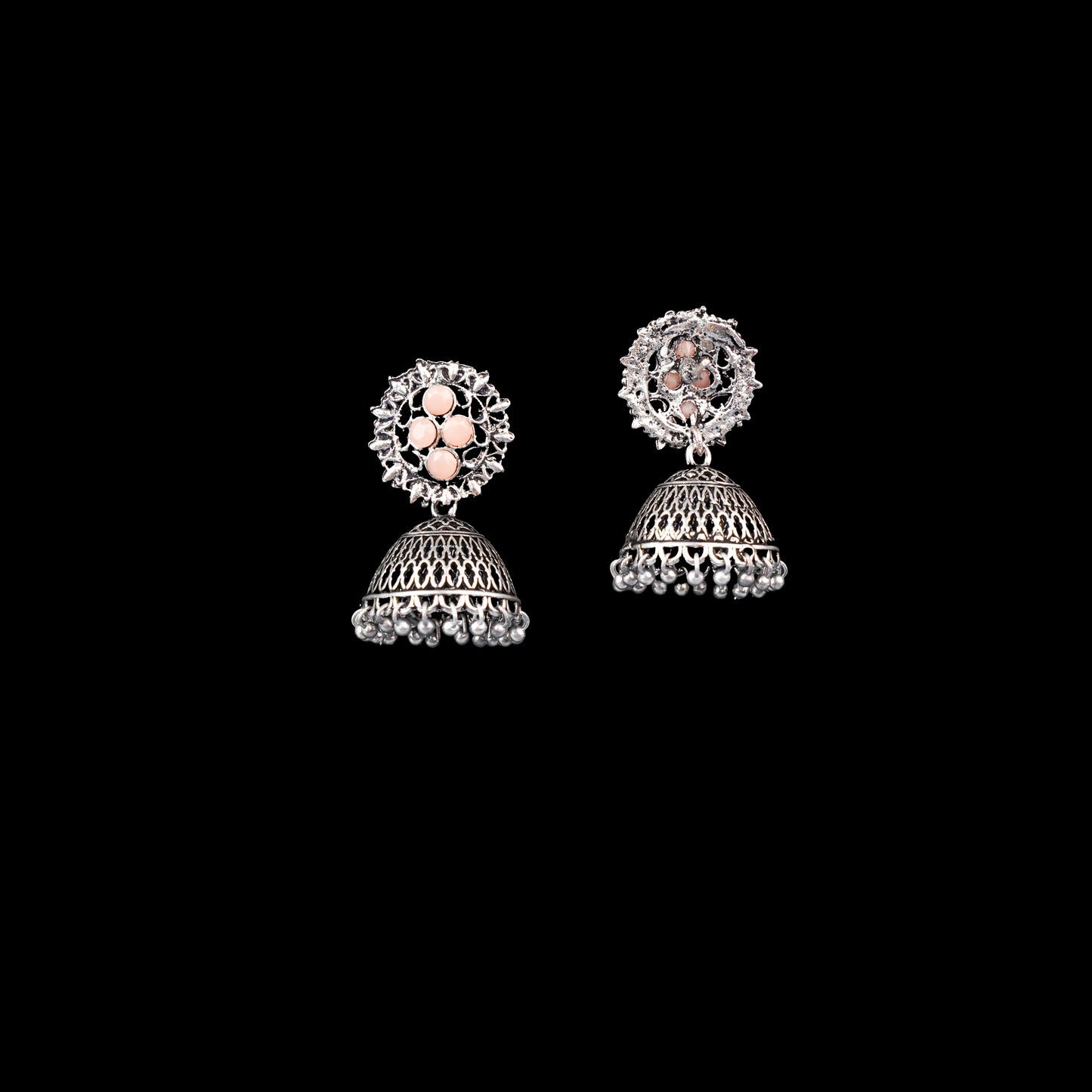 Light Orangish Stone Studded Oxidised Earrings With Hanging Jhumki