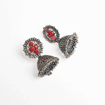 Dark Red Stone Studded Oxidised Earrings With Hanging Jhumki