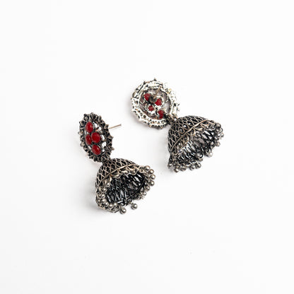 Dark Red Stone Studded Oxidised Earrings With Hanging Jhumki