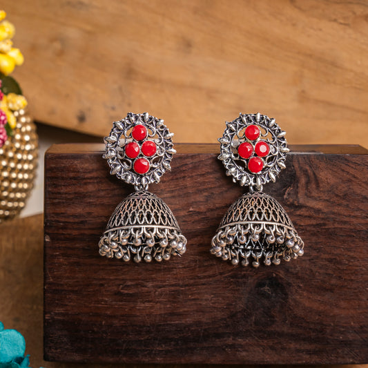 Dark Red Stone Studded Oxidised Earrings With Hanging Jhumki