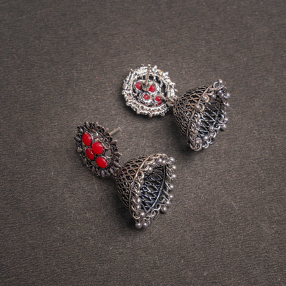 Dark Red Stone Studded Oxidised Earrings With Hanging Jhumki