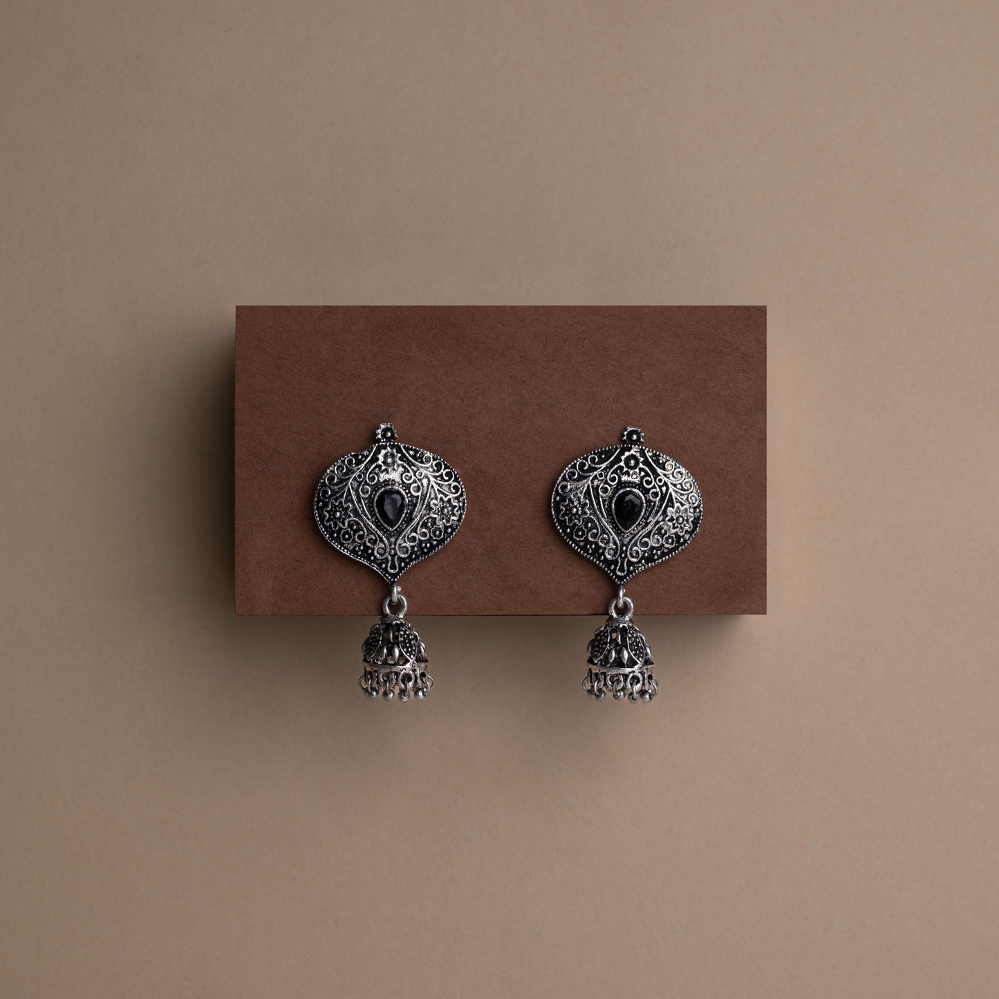 Black Stone Studded Oxidised Earrings With Hanging Jhumki