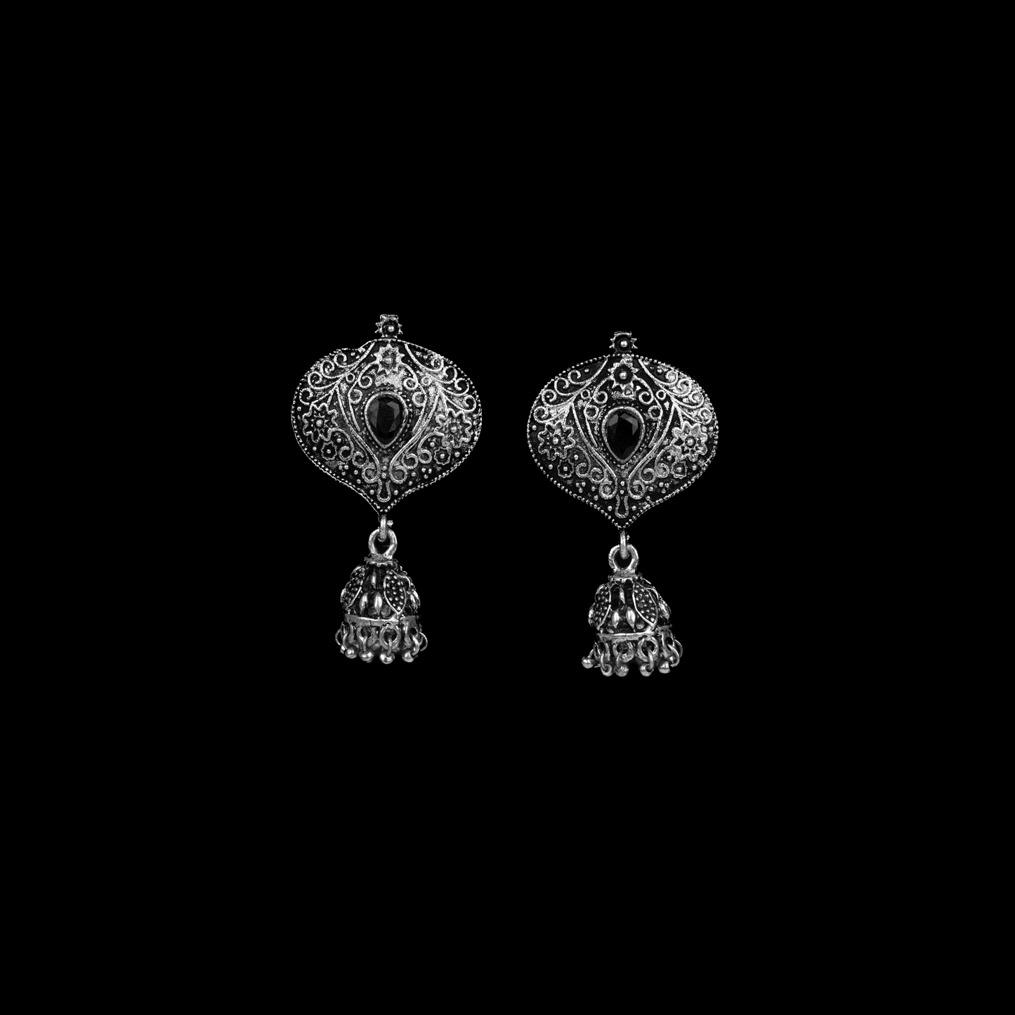 Black Stone Studded Oxidised Earrings With Hanging Jhumki